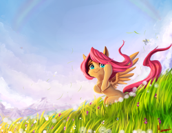 Size: 1400x1080 | Tagged: safe, artist:miokomata, derpy hooves, fluttershy, pegasus, pony, cute, cute little fangs, fangs, female, grass, head turn, looking at you, mare, shyabetes, sitting, sky, smiling, solo focus, spread wings, windswept mane, wings