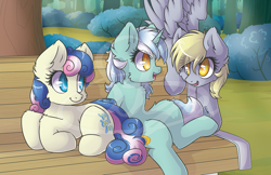 Size: 1530x990 | Tagged: safe, artist:sapphfyr, bon bon, derpy hooves, lyra heartstrings, sweetie drops, earth pony, pegasus, pony, unicorn, bench, cheek fluff, chest fluff, colored pupils, cute, ear fluff, female, fluffy, flying, looking at each other, mare, meme, prone, sitting, sitting lyra, smiling, spread wings, trio, watermark, wings