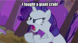 Size: 548x301 | Tagged: safe, screencap, rarity, pony, unicorn, dragon quest, dragonball z abridged, giant crab, image macro, meme, rarity fighting a giant crab, shouting rarity, solo