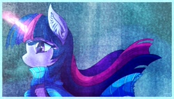 Size: 1970x1130 | Tagged: safe, artist:shiita64, derpibooru import, twilight sparkle, clothes, magic, scarf, solo