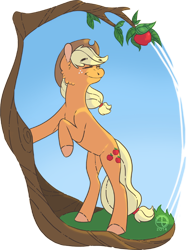 Size: 500x669 | Tagged: safe, artist:thomisus, applejack, earth pony, pony, apple, bipedal, bipedal leaning, eyes closed, partial background, smiling, solo, tree