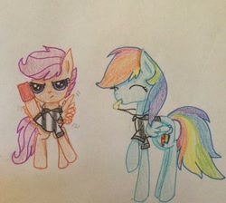 Size: 360x322 | Tagged: safe, artist:rainbowrules, derpibooru import, rainbow dash, scootaloo, pegasus, pony, blowing, blowing whistle, football, rainblow dash, referee, referee rainbow dash, referee scootaloo, sports, traditional art, whistle, whistle necklace