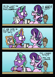 Size: 4437x6269 | Tagged: safe, artist:bobthedalek, firelight, starlight glimmer, pony, unicorn, absurd resolution, chocolate milkshake, comic, cup, diner, duo, father and child, father and daughter, fathers gonna father, female, kite, male, mare, meme, menu, milkshake, parent and child, smiling, smirk, stallion, teacup, that pony sure does love kites, unamused