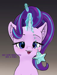 Size: 1615x2114 | Tagged: safe, artist:xbi, starlight glimmer, pony, unicorn, starlight the hypnotist, spoiler:interseason shorts, bust, ear fluff, glowing horn, gradient background, hypnosis, looking at you, magic, pendulum swing, solo, speech, stars, telekinesis