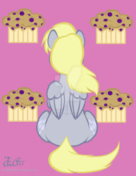 Size: 800x1035 | Tagged: safe, artist:missanimegrl, derpy hooves, pegasus, pony, both cutie marks, cutie mark background, female, mare, plot, raised hoof, rear view, sitting, solo, watermark