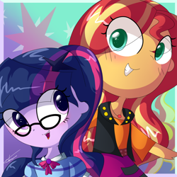 Size: 1500x1500 | Tagged: safe, artist:dddreamdraw, sci-twi, sunset shimmer, twilight sparkle, better together, equestria girls, cute, cutie mark, cutie mark background, female, glasses, happy, lesbian, scitwishimmer, shimmerbetes, shipping, smiling, sunsetsparkle, twiabetes