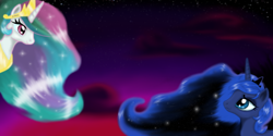 Size: 900x450 | Tagged: safe, artist:c-cain, princess celestia, princess luna, alicorn, pony, s1 luna, twilight (astronomy)