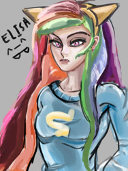 Size: 600x800 | Tagged: safe, artist:elisa, derpibooru import, rainbow dash, human, humanized, simple background, solo