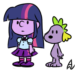 Size: 421x396 | Tagged: safe, artist:acesrockz, derpibooru import, spike, twilight sparkle, dog, equestria girls, charles m schulz, peanuts, spike the dog, style emulation