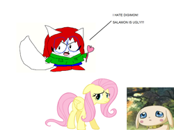 Size: 1142x854 | Tagged: safe, fluttershy, pegasus, pony, digimon, hater, ms paint, obligatory pony, pogorikifan10, sad, salamon