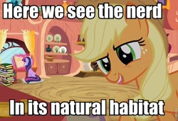 Size: 682x467 | Tagged: safe, screencap, applejack, twilight sparkle, earth pony, pony, book, get, image macro, library, meme, nerd