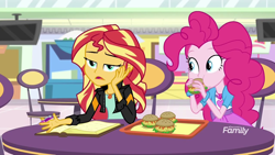 Size: 1280x720 | Tagged: safe, screencap, pinkie pie, sunset shimmer, equestria girls, mirror magic, spoiler:eqg specials, book, bracelet, burger, chair, food, geode of empathy, geode of sugar bombs, hamburger, jewelry, journal, looking at each other, magical geodes, raised eyebrows, smiling, storefront, table, television, that human sure does love burgers, tray