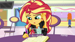 Size: 1280x720 | Tagged: safe, screencap, sunset shimmer, equestria girls, mirror magic, spoiler:eqg specials, background human, book, bracelet, canterlot mall, chair, credits, dave polsky, discovery family logo, geode of empathy, jewelry, journal, magical geodes, rachel vine, raised eyebrow, smiling, storefront, table, television, tray