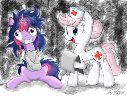 Size: 1024x768 | Tagged: safe, artist:flutterthrash, derpibooru import, nurse redheart, twilight sparkle, anthrax, asylum, insanity, straitjacket, twilight snapple