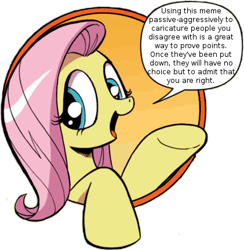 Size: 421x431 | Tagged: safe, idw, fluttershy, pegasus, pony, bad advice fluttershy, blue eyes, dialogue, exploitable meme, female, hypocritical humor, irony, mare, meme, meta, mouthpiece, open mouth, paradox, pink mane, raised hoof, raised leg, simple background, smiling, solo, speech bubble, talking to viewer, underhoof, yellow coat