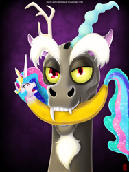 Size: 960x1280 | Tagged: safe, artist:wwredgrave, discord, princess celestia, alicorn, draconequus, pony, banana, bananalestia, bedroom eyes, discord being discord, frown, looking at you, mouth hold, open mouth, smiling, transformation, wat, wide eyes