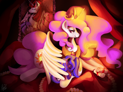 Size: 1024x761 | Tagged: safe, artist:shivall, princess celestia, princess luna, alicorn, pony, filly, hug, momlestia fuel, pink-mane celestia, royal sisters, size difference, sweet dreams fuel, winghug, woona, younger