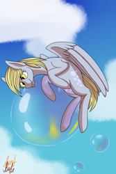 Size: 1024x1536 | Tagged: safe, artist:auntrude, derpy hooves, pony, bubble, cloud, floating, solo, tongue out