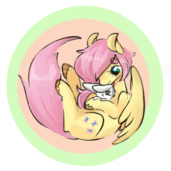 Size: 500x500 | Tagged: safe, artist:techtechno, angel bunny, fluttershy, pegasus, pony, rabbit, animal, button, fetal position, hooves, pet, solo, thick eyebrows