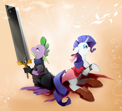 Size: 1300x1190 | Tagged: safe, artist:skyeypony, rarity, spike, pony, unicorn, aerith gainsborough, boots, clothes, cosplay, costume, crossover, female, final fantasy, final fantasy vii, implied sparity, male, straight, zack fair