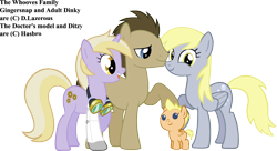 Size: 1534x833 | Tagged: safe, artist:bronyboy, artist:dlazerous, artist:vexorb, edit, derpy hooves, dinky hooves, doctor whooves, oc, oc:gingersnap, pony, offspring, older, parent:derpy hooves, parent:doctor whooves, parents:doctorderpy, simple background, transparent background, vector, vector edit