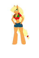 Size: 1181x1748 | Tagged: safe, artist:odiz, applejack, anthro, unguligrade anthro, alternate hairstyle, applebucking thighs, applerack, belly button, breasts, cleavage, clothes, daisy dukes, female, front knot midriff, midriff, simple background, solo