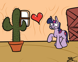 Size: 3000x2400 | Tagged: safe, artist:s8ansglory, derpibooru import, twilight sparkle, unicorn twilight, pony, unicorn, cactus, cactwi, cargo ship, female, heart, mare, potted plant, raised hoof, saguaro cactus, shipping, solo, this will end in tears