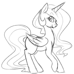 Size: 1280x1280 | Tagged: safe, artist:pegacornss, princess celestia, alicorn, pony, female, horn, mare, monochrome, solo