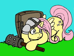 Size: 710x533 | Tagged: artist needed, source needed, safe, fluttershy, pegasus, pony, helmet, shield, solo, weapon