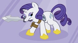 Size: 1280x704 | Tagged: safe, artist:glux2, rarity, pony, unicorn, female, horn, mare, purple mane, solo, sword, white coat