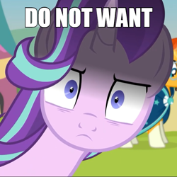 Size: 600x599 | Tagged: safe, artist:agrol, edit, starlight glimmer, sunburst, pony, unicorn, caption, carnival, close-up, cropped, death stare, do not want, extreme close up, fair, female, frown, glarelight glimmer, horn, image macro, impact font, inconvenient starlight, looking at you, male, mare, reaction image, shadow, shipping, show accurate, shrunken pupils, snaplight glimmer, solo focus, stallion, starburst, stare, straight, text, time for two, yandere, yandere glimmer