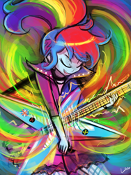 Size: 720x960 | Tagged: safe, artist:lumineko, derpibooru import, rainbow dash, equestria girls, friendship through the ages, 30 minute art challenge, alternate hairstyle, clothes, eyes closed, guitar, open mouth, solo