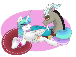 Size: 2048x1536 | Tagged: dead source, safe, artist:jolosbiney, discord, princess celestia, alicorn, pony, dislestia, eye contact, female, male, shipping, straight