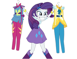 Size: 2745x2101 | Tagged: safe, artist:kehrminator, rarity, equestria girls, friendship games, belt, boots, clothes, clothes hanger, grin, outfits, simple background, skirt, solo, transparent background, vector