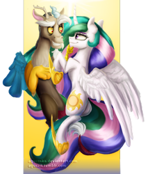 Size: 1022x1200 | Tagged: safe, artist:agussska, discord, princess celestia, alicorn, pony, dislestia, female, male, shipping, straight