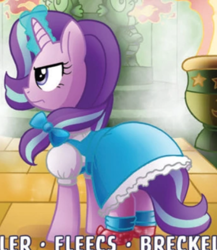 Size: 408x469 | Tagged: safe, idw, starlight glimmer, pony, unicorn, bow, clothes, cropped, cute, dorothy gale, dress, glowing horn, ribbon, ruby slippers, shoes, socks, solo, the wizard of oz