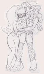 Size: 1504x2548 | Tagged: safe, artist:34choco, sci-twi, sunset shimmer, twilight sparkle, equestria girls, alternate costumes, clothes, cutie mark on clothes, female, holding hands, lesbian, looking at you, pencil drawing, scitwishimmer, shipping, smiling, stockings, sunsetsparkle, thigh highs, traditional art
