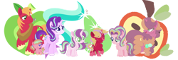 Size: 1024x350 | Tagged: safe, artist:blueberrymuffin02, artist:selenaede, big macintosh, starlight glimmer, oc, oc:jiji glimmer, oc:klara glimmer, oc:mike mac, oc:sugar apple, oc:triples, earth pony, pony, unicorn, baby, baby pony, base used, chest fluff, colt, cutie mark background, family, female, filly, freckles, glimmermac, half-siblings, male, mare, offspring, parent:big macintosh, parent:cheerilee, parent:starlight glimmer, parents:cheerimac, parents:glimmermac, shipping, stallion, straight