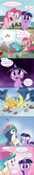 Size: 1733x8838 | Tagged: safe, artist:doublewbrothers, pinkie pie, prince rutherford, princess celestia, twilight sparkle, twilight sparkle (alicorn), alicorn, earth pony, pony, yak, party pooped, :<, :o, alternate ending, angry, bipedal, blast, boom, comic, crown, dark comedy, destruction, dialogue, female, fire, floppy ears, frown, genocide, glare, glowing horn, hoof hold, horn, jewelry, magic, magic blast, mare, north korea, open mouth, overkill, party cannon, peytral, ponyville, regalia, scene parody, season 5 comic marathon, shocked, sign, smiling, smoke, speech bubble, squishy cheeks, steam, stomping, text, this will end in death, this will end in explosions, this will end in tears, this will end in tears and/or death, wide eyes, worried, yakyakistan, yelling