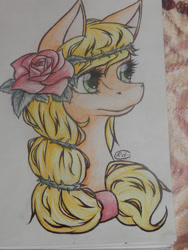 Size: 1024x1365 | Tagged: safe, artist:alcidence, applejack, earth pony, pony, bust, flower, flower in hair, portrait, solo, thorns, traditional art