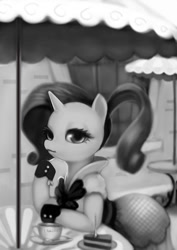 Size: 763x1080 | Tagged: safe, artist:doll, artist:float-cloud, rarity, pony, unicorn, clothes, dress, monochrome, solo