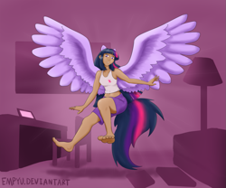 Size: 979x816 | Tagged: safe, artist:empyu, derpibooru import, twilight sparkle, twilight sparkle (alicorn), alicorn, human, barefoot, eared humanization, feet, flying, four ears, human coloration, humanized, solo, tailed humanization, winged humanization