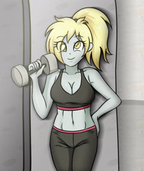 Size: 2952x3507 | Tagged: safe, artist:sumin6301, derpy hooves, equestria girls, abs, belly button, breasts, clothes, derpy loaves, female, looking at you, midriff, pants, ponytail, smiling, solo, sports bra, sweatpants, weight lifting, weights