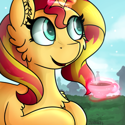 Size: 1000x1000 | Tagged: safe, artist:deraniel, sunset shimmer, pony, unicorn, cup, cute, food, glowing horn, magic, open mouth, shimmerbetes, smiling, solo, tea, teacup, telekinesis