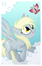 Size: 1024x1583 | Tagged: safe, artist:kazziepones, derpy hooves, butterfly, pegasus, pony, cloud, smiling, solo