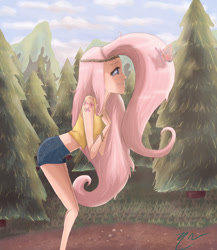 Size: 1200x1380 | Tagged: safe, artist:candymoxie, fluttershy, human, breasts, clothes, dat hair, delicious flat chest, flattershy, hippieshy, humanized, midriff, skinny, solo, tanktop