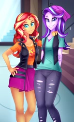 Size: 1255x2048 | Tagged: safe, artist:scarlet-spectrum, starlight glimmer, sunset shimmer, better together, equestria girls, mirror magic, spoiler:eqg specials, beanie, beautiful, clothes, cute, female, hat, legs, looking at you, miniskirt, pants, ripped pants, shirt, side hug, skirt, smiling, vest