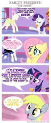 Size: 4094x9809 | Tagged: safe, artist:invictusnoctis, derpy hooves, fluttershy, rarity, twilight sparkle, twilight sparkle (alicorn), alicorn, pegasus, pony, unicorn, absurd resolution, clothes, comic, dialogue, dress, female, mare, meme, ponyquin, speech bubble, the dress, vector, white and gold or black and blue dress meme