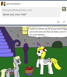 Size: 1132x1294 | Tagged: safe, artist:ask-luciavampire, derpy hooves, oc, alicorn, pony, vampire, vampony, alicorn oc, ask, blood bag, glowing horn, mail, saddle bag, speech, tumblr, tumblr:ask-luciavampire