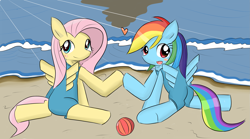 Size: 2845x1579 | Tagged: safe, artist:timorikawa, derpibooru import, fluttershy, rainbow dash, pegasus, pony, beach, clothes, pixiv, swimsuit